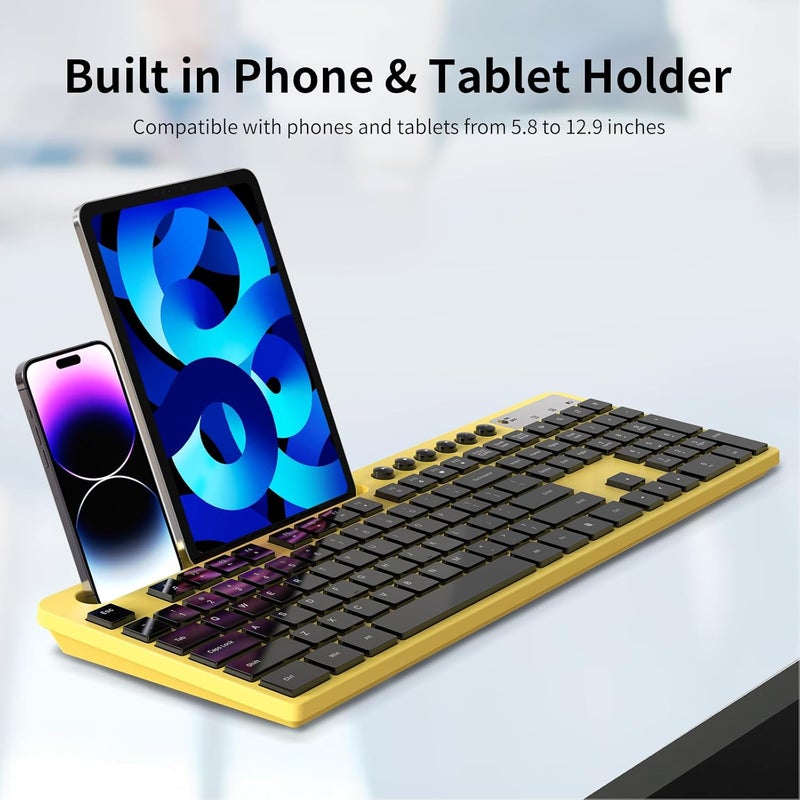 MARVO Wireless Keyboard and Mouse Combo, 2.4G Ergonomic Wireless Computer Keyboard with Phone Tablet Holder, Silent Mouse with 6 Button, Compatible with MacBook, Windows (Yellow) - Image 3